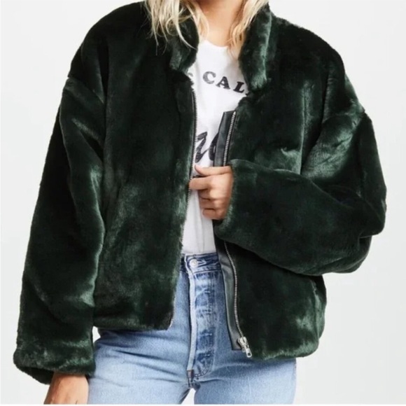 Free People Jackets & Blazers - Free people green faux fur fluffy zip jacket emerald mob wife bomber jacket